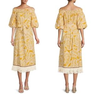 NWT ANTONIO MELANI x The Nat Note Raney Off-the-Shoulder
Printed Linen Dress
